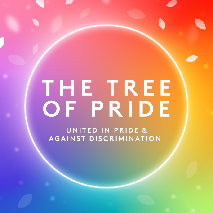 Tree of Pride text within circle motif against rainbow background