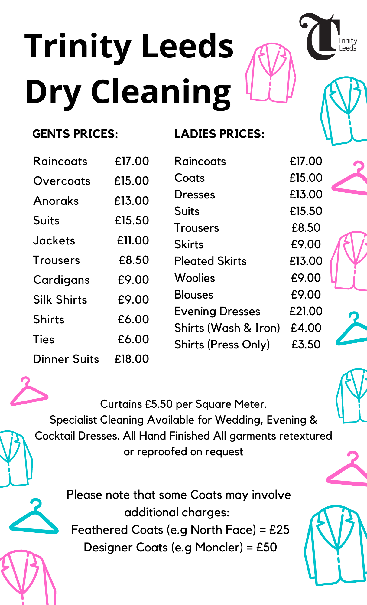 Dry cleaning price list
